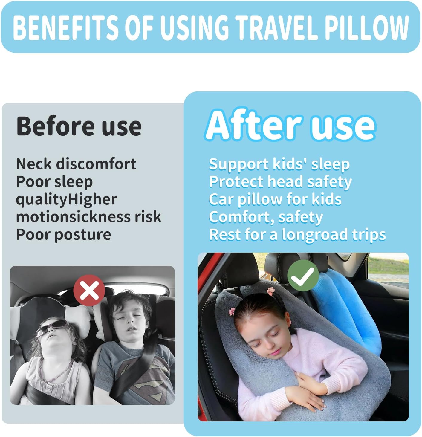 Travel Pillow,Car Pillow for Kids,Support Head and Neck on Road Trip-Blue | Car Sleeping Pillow with Adjustable Strap, Road Trip Essentials for Kids and Adults,Velvet Fabric Filled with High PP Cotton