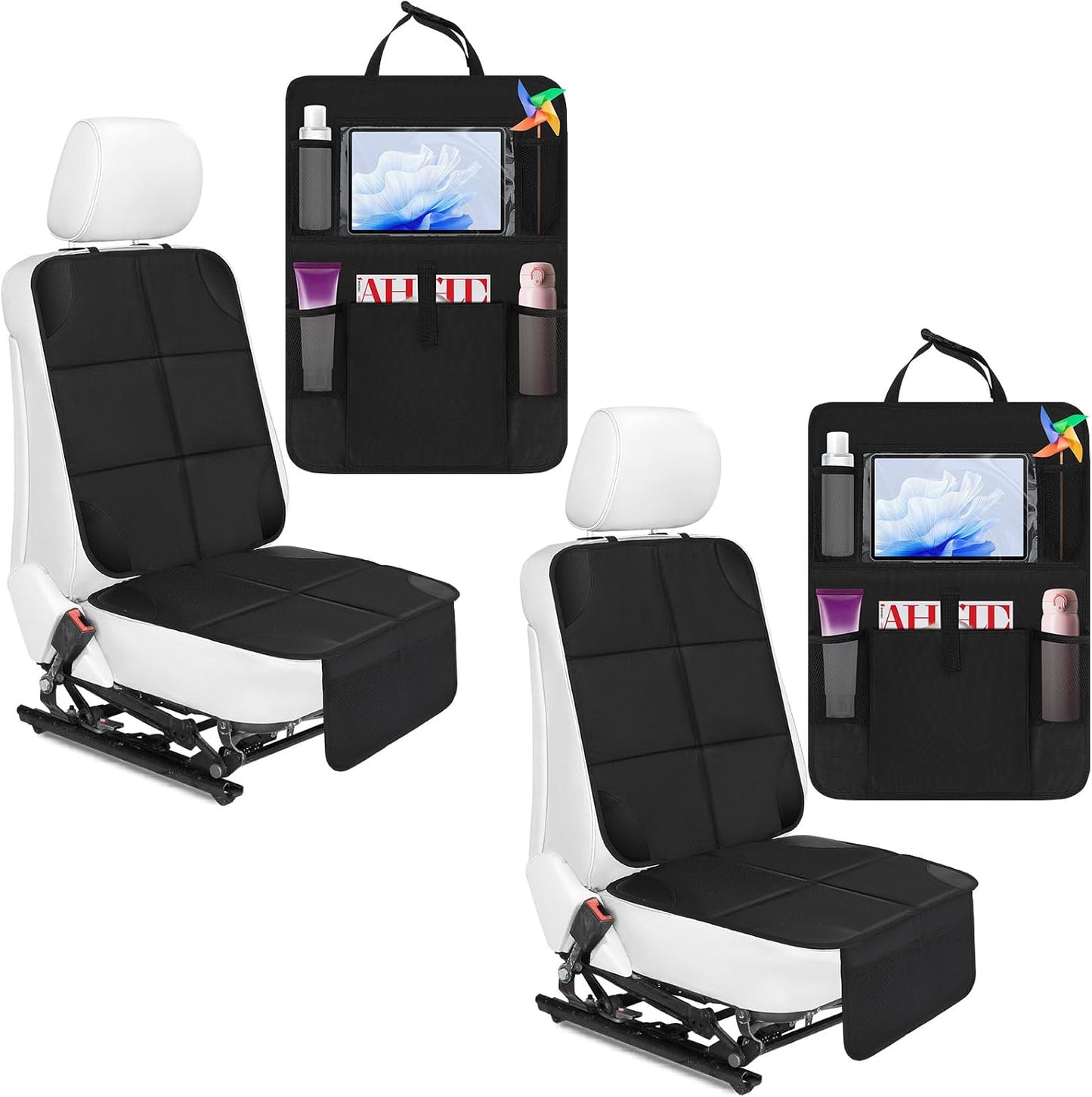 Aurelema 4 Pack Non-slip Car Seat Protector and Backseat Organizer Kick Mat with Tablet Holder, Large Waterproof Car Seat Protector with Storage Pockets for Leather and Fabric