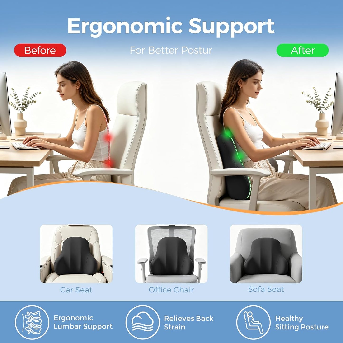BABUR Ergonomic Memory Foam Lumbar Support Pillow for Car, Back Pain Relief | Ergonomic 100% Memory Foam, Back Pain Relief, Comfort Lower Back Support for Office Chairs, Car Seat, Wheelchair