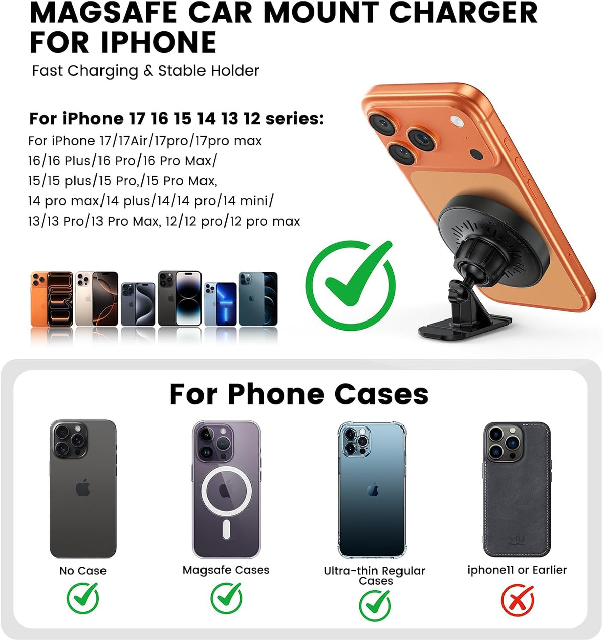 3 in 1 Magnetic Car Charger Mount 15W for iPhone 18-12 Pro Max