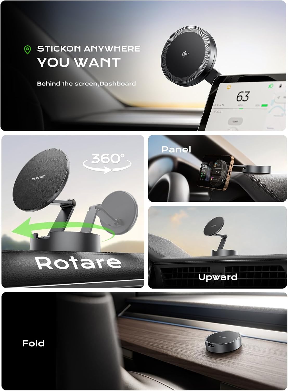 THREEKEY Magnetic Car Mount Charger Lite Qi2 15W Fast Wireless Charging