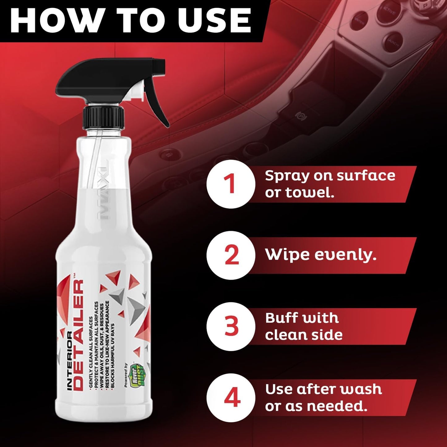 MAXL® Interior Car Cleaner Detailer Spray, NeverDust® Technology, 6 x 20 oz | Repels Dust, Wipes Oil, Residue with Matte Finish for Leather, Dash, Trim & Screens, Safe on All Surfaces