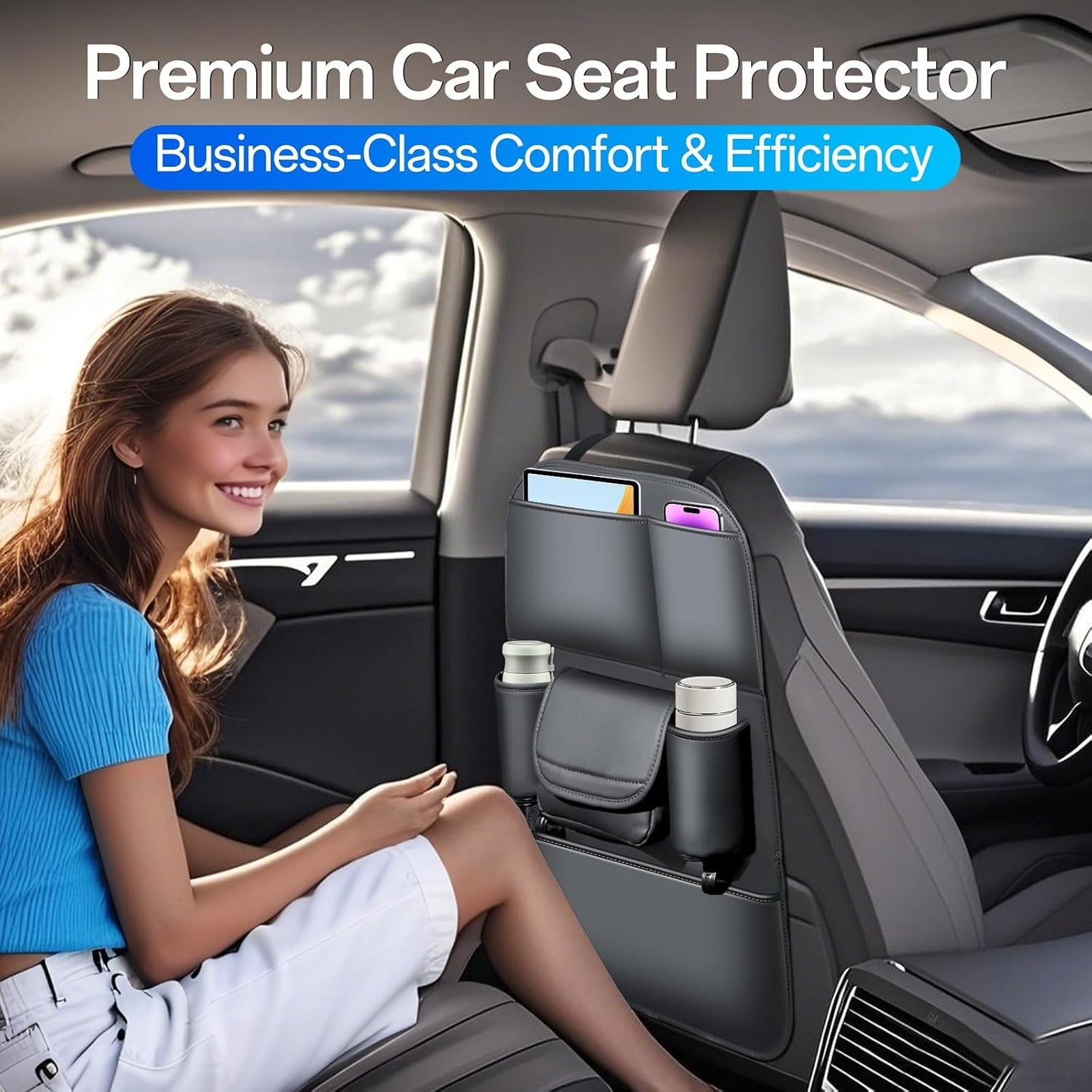 Backseat Car Organizer Leather Back of Seat Car Organizers for Kids Drivers Waterproof Kick Mats Seat Back Protector with Large Capacity 6 Storage Pockets
