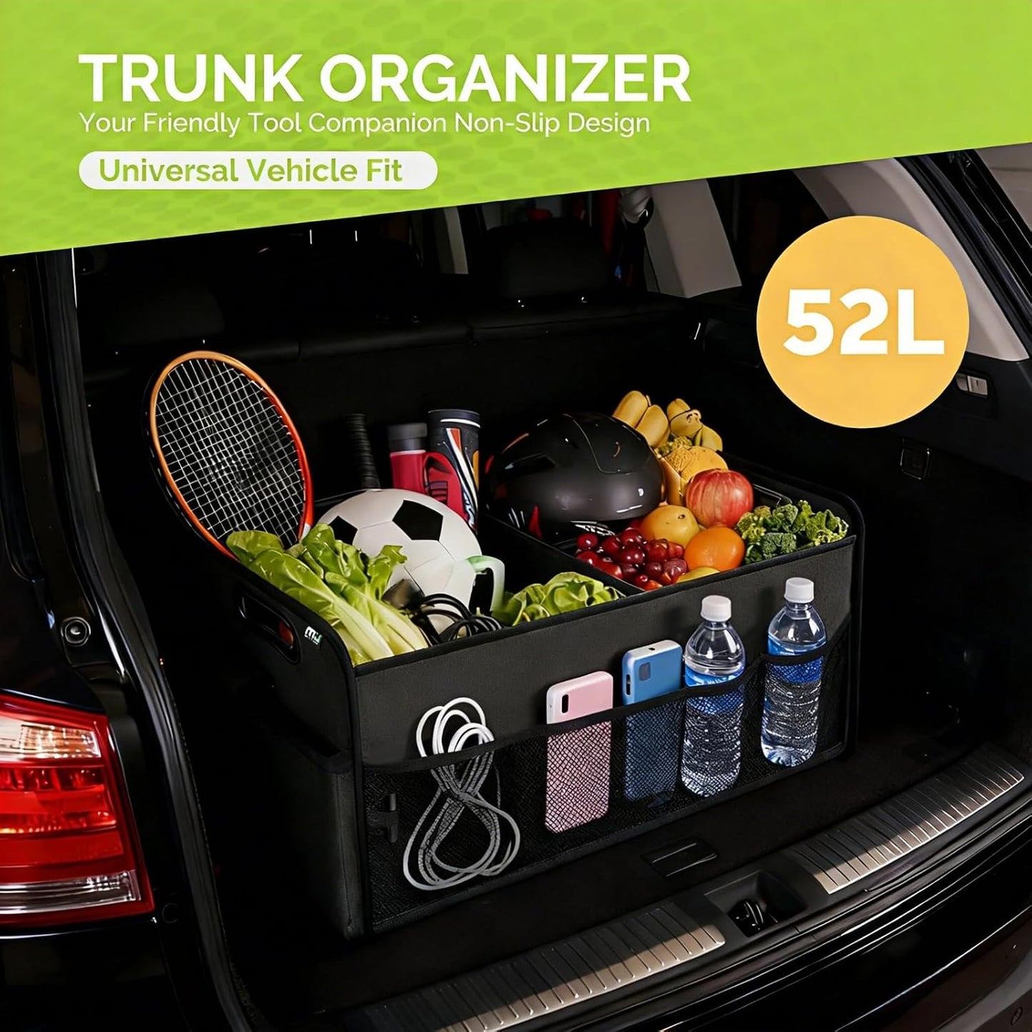 MIU COLOR Trunk Organizer for Car, Car Organizer, 8 Mesh Pockets Trunk Organizer for SUV, Non-Slip Bottom, Storage Organizer for Sedans, Van, Jeep, Grocery, 2 Compartments, Black 22"x13"x11"