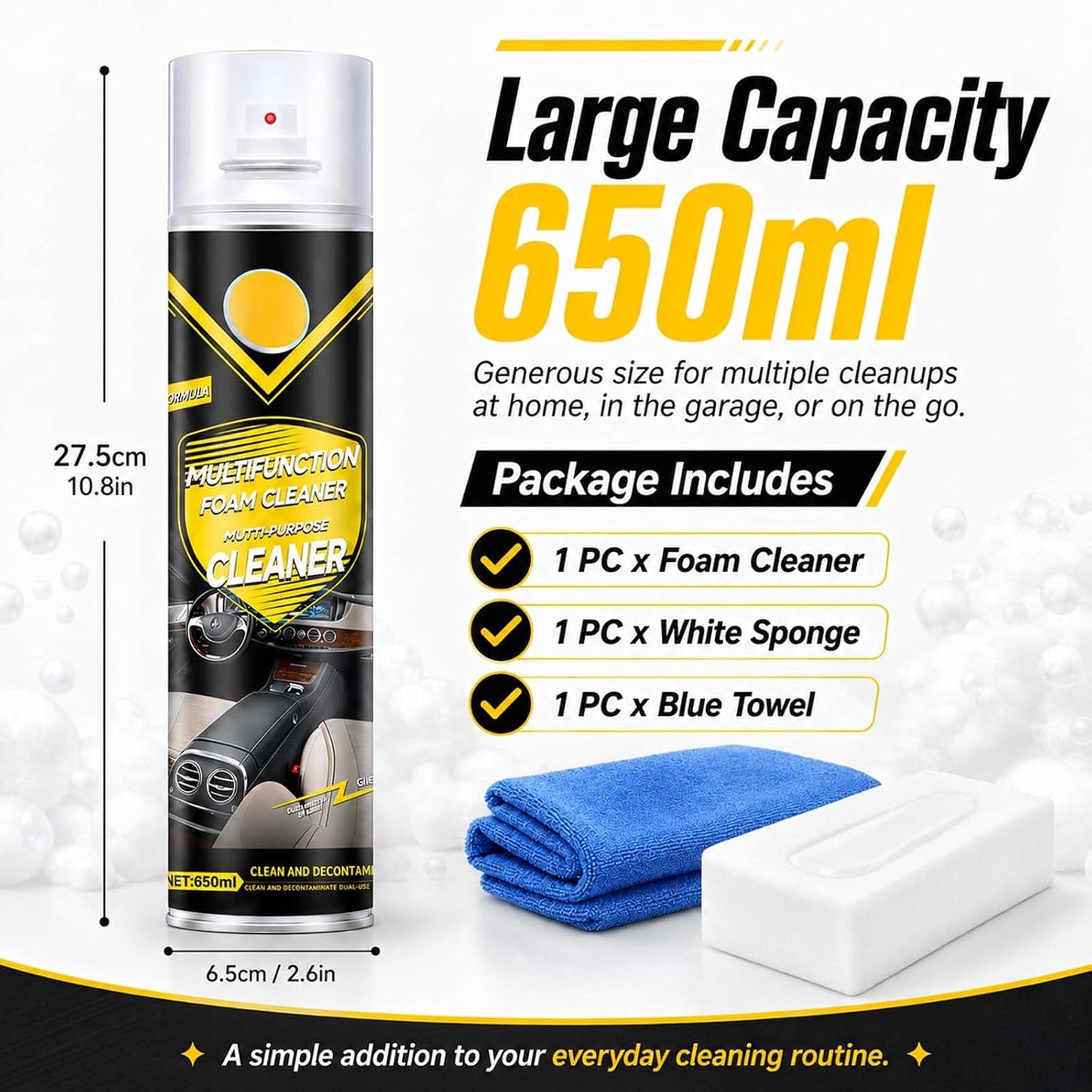 Multifunctional Foam Cleaner Spray for Car Interior & Home Surfaces, Multi-Surface Cleaning Foam for Fabric, Finished Leather, Plasticwith Sponge and Towel, 650ml (1)