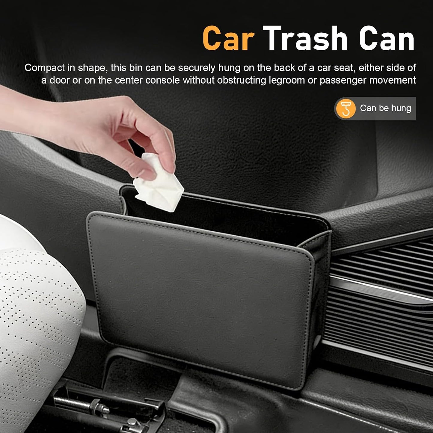 Car Trash Can, Foldable Multi-function Leather Mini Garbage Bin, Waterproof Scratch-resistant Hanging Storage Container, Universal Interior Organizer for Cars SUVs Trucks (Black)