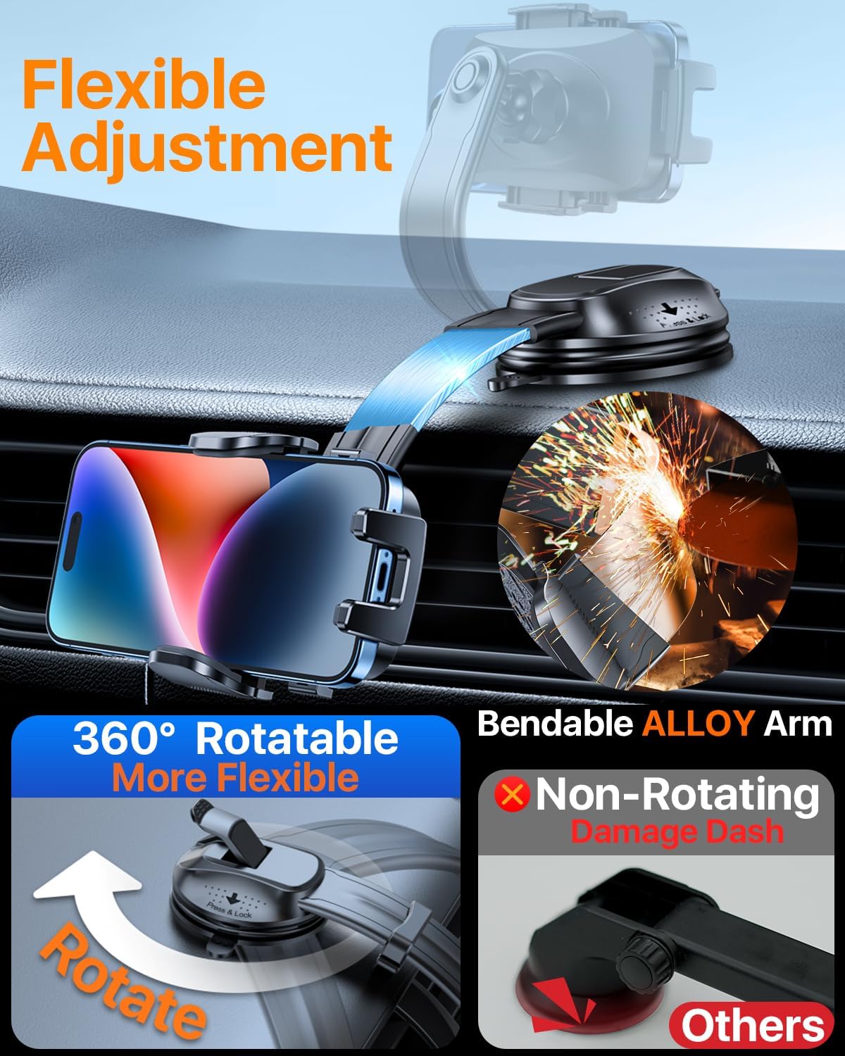 HTU Upgraded Strongest Suction No Block View Bendable Arm Car Phone Holder