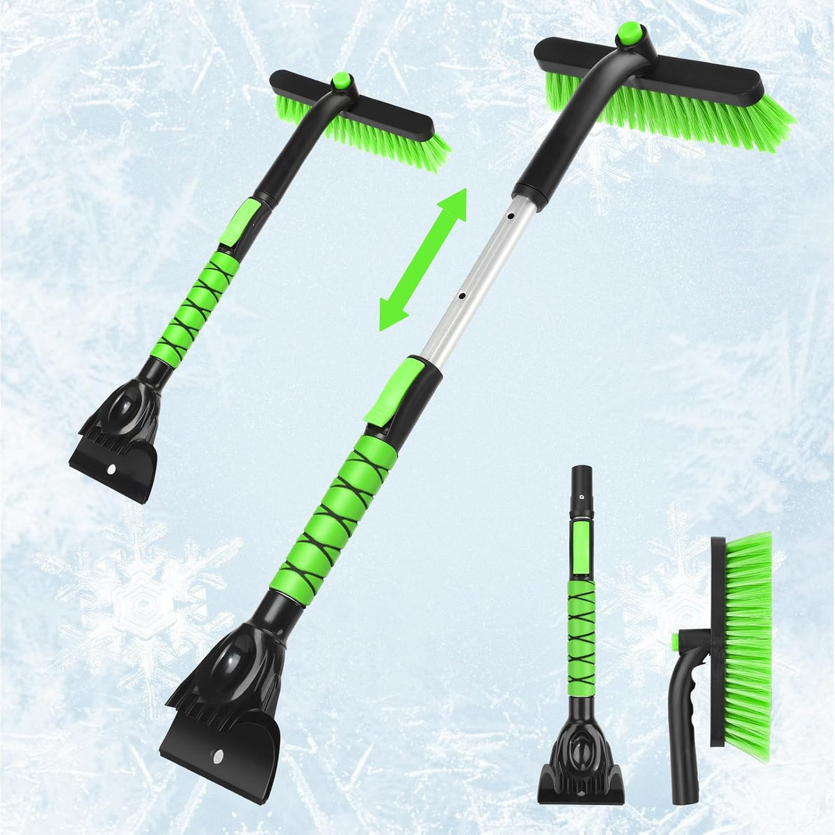 Snow Brush with Ice Scraper 33 inch, 2 in 1 Extendable Snow Removal for Cars with Foam Grip and 360° Pivoting Brush Head, Heavy Duty Snow Cleaner for Auto Truck SUV