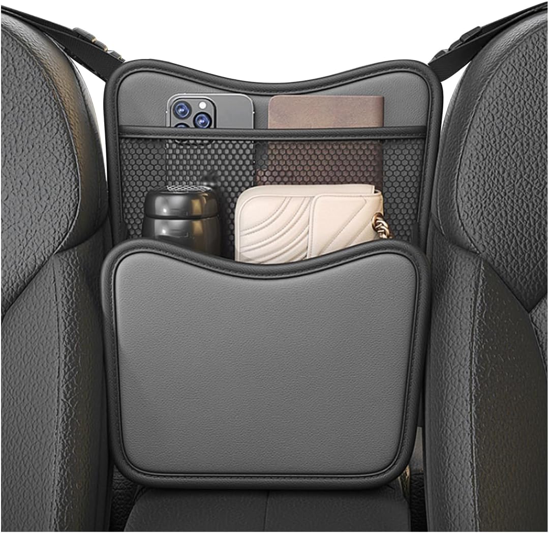Car Organizer Storage Between Seats, Nappa Leather Front Seat Storage Bag with Tissue Holder, Automotive Console Hanging Net Pocket Handbag Holder for Phone Document (Gray)