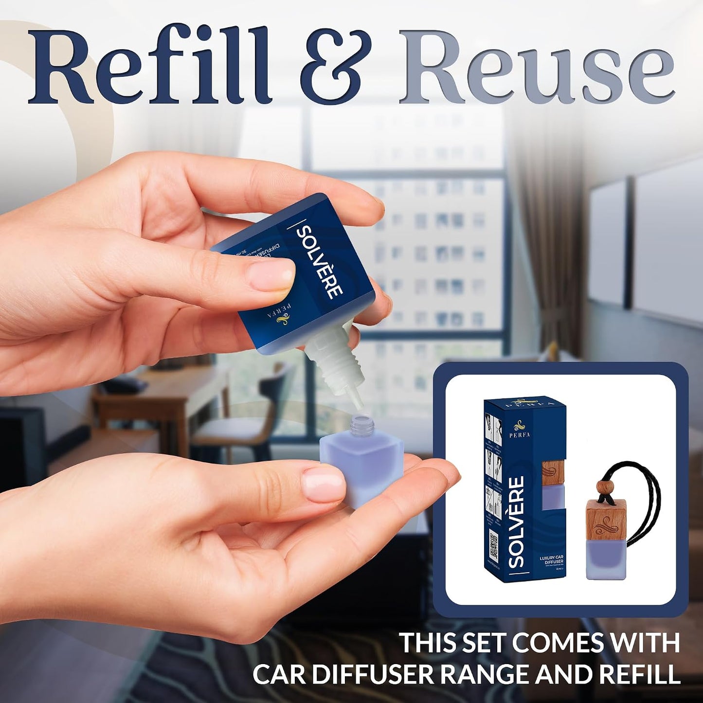 Solvère Gift Set with Refill Bottle | Automotive Air Fresheners with Solvère Fragrance | Strong Car Perfume | Odor Eliminating Car Air Fresheners by Perfa