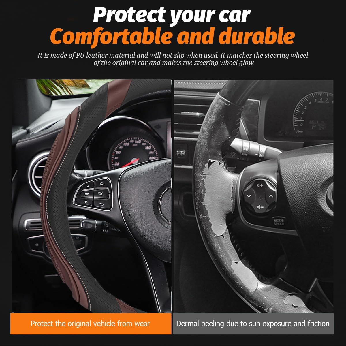 Osilly 15 Inch Artificial Leather Steering Wheel Cover, Coffee