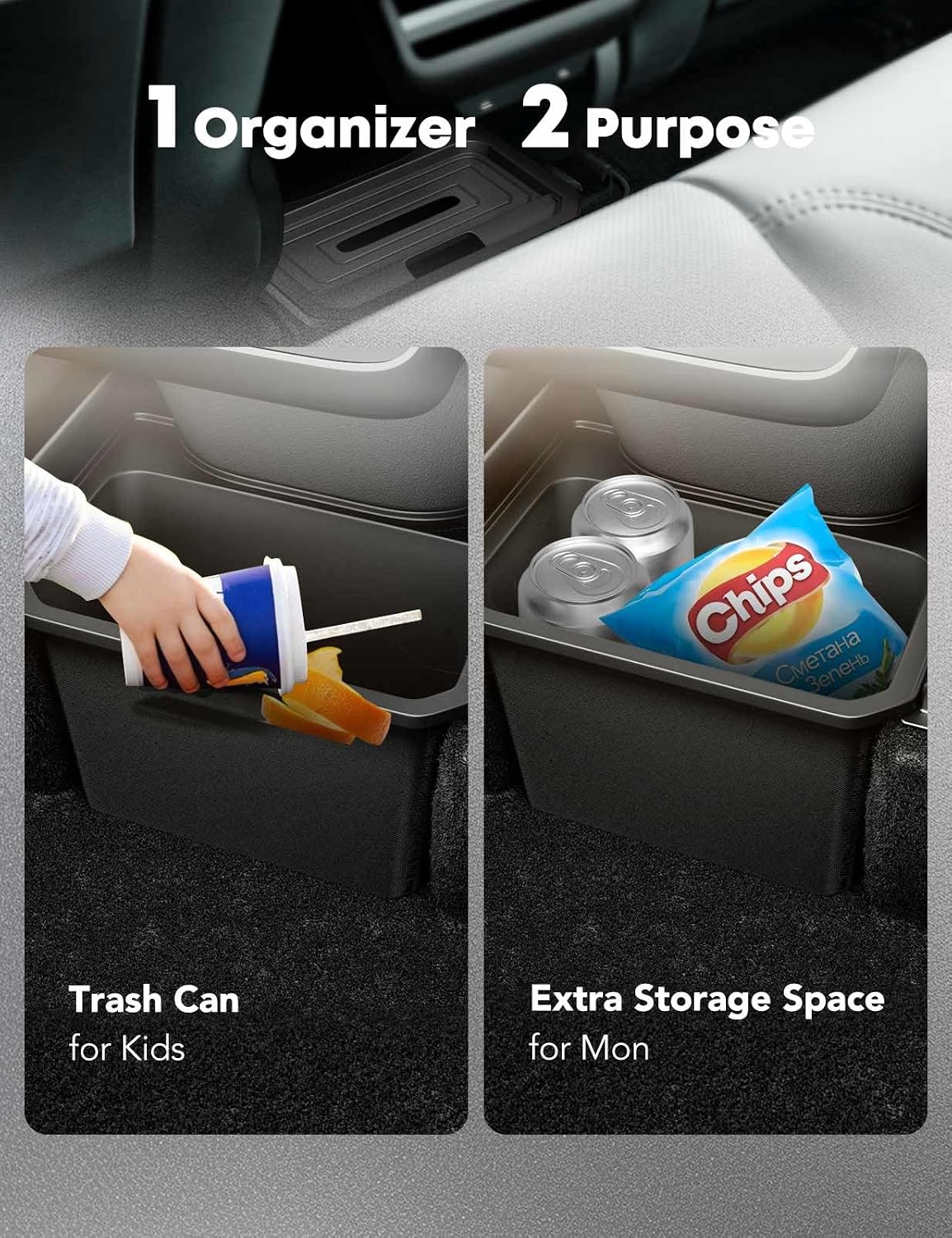 YHTAUTO Rear Center Console Organizer with Lid Fit for Tesla Trash Can Model Y 2020-2026, TPE 2nd Row Center Console Storage Box Tissue Holder Rear Middle Storage Bin
