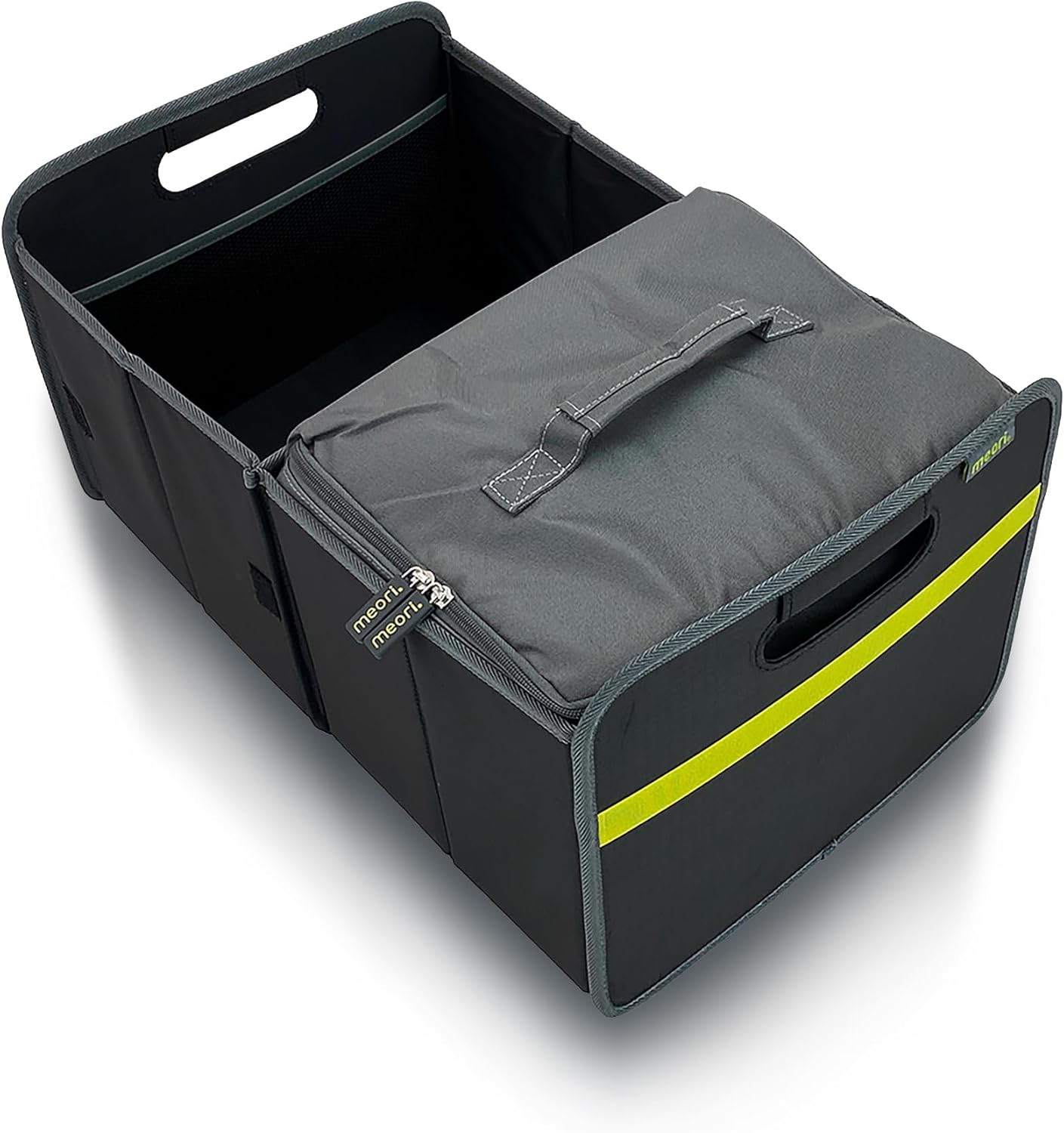 meori Collapsible Trunk Organizer for Car with Cooler for Groceries Road Trips 2 Compartments Heavy Duty Mesh Pocket Ripstop