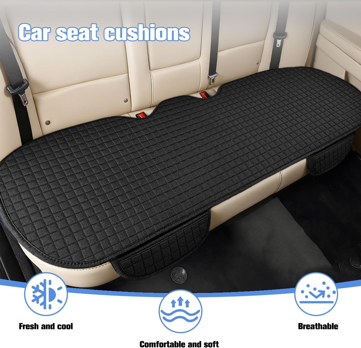 Car Back Seat Cover, Linen Breathable Vehicle Rear Bottom Bench Seat Protector with Storage Pocket, Anti-Slip Comfortable Long Automotive Rear Chair Cover, Universal for Vehicles (Black)