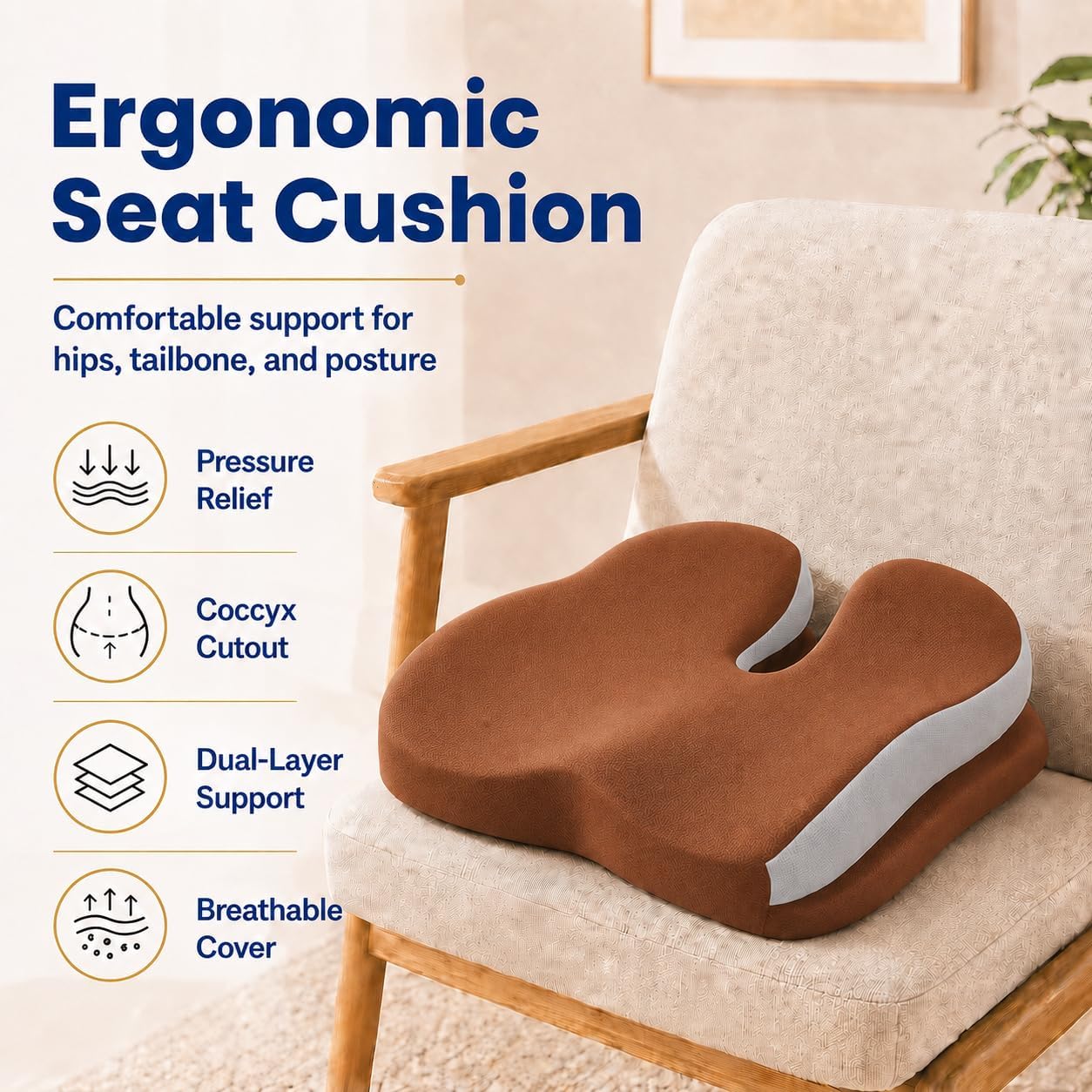 Seat Cushions for Office Chairs Wheelchair Cushion for Long Sitting Back Pain，Memory Foam Seat Car Computer Desk Chair Cushion，Coccyx Cushion for Tailbone Pain Relief Cushion Office Chair Brown