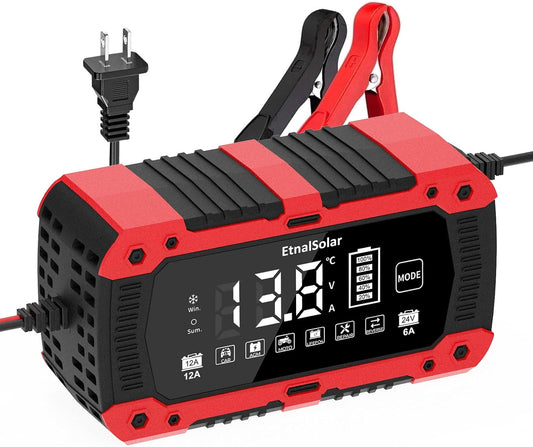 12A Car Battery Charger, 12V/24V Smart Battery Charger Fully Automatic Battery Maintainer with Pulse Repair, Temperature Compensation for Car Truck Motorcycle Marine Lead-Acid LiFePO4