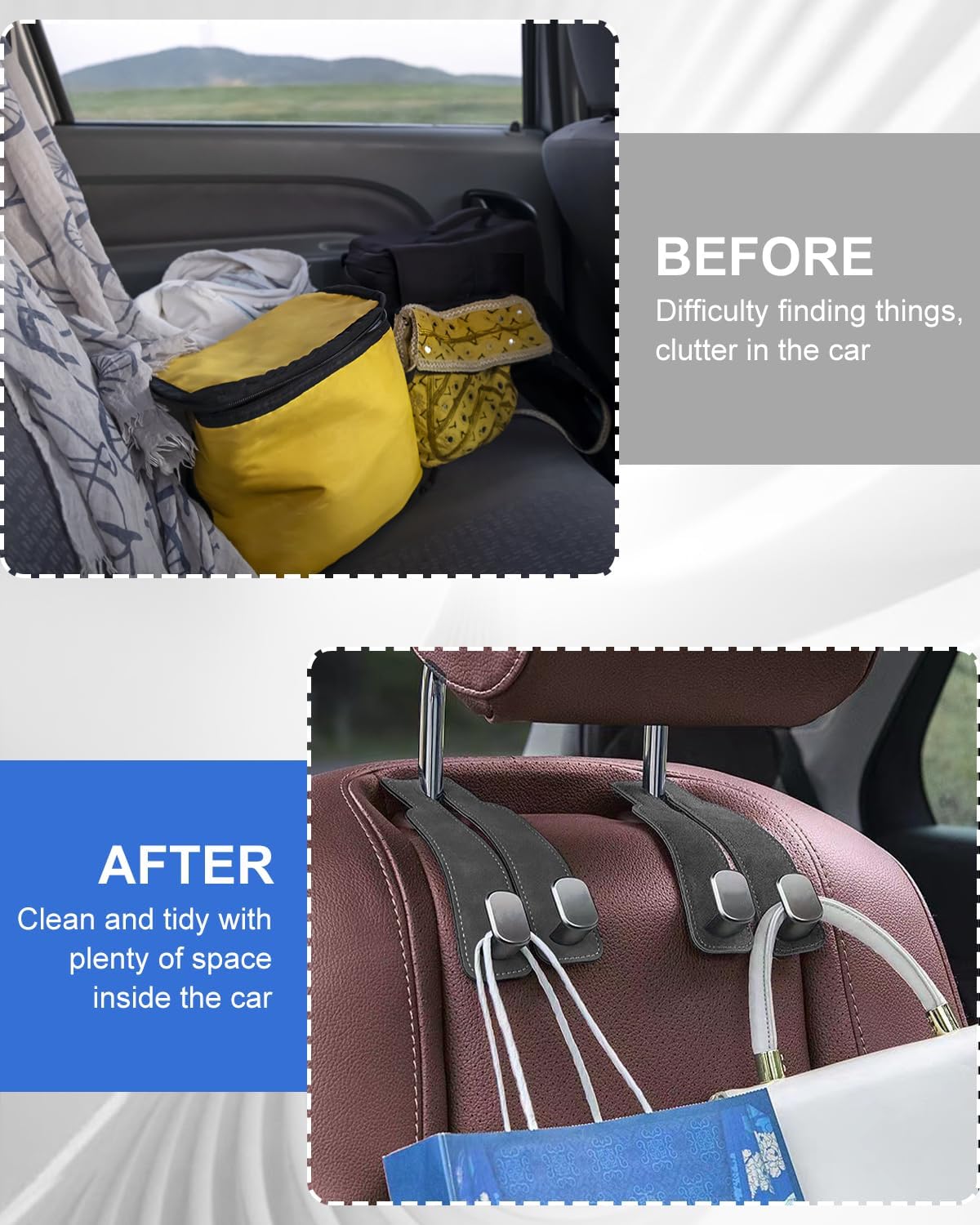 2 Pcs Car Hooks for Headrest, Adjustable Vehicle Seat Back Car Organizers and Storage Accessories, Universal Fit Double Metal Leather Purse Holder for Car (Grey)