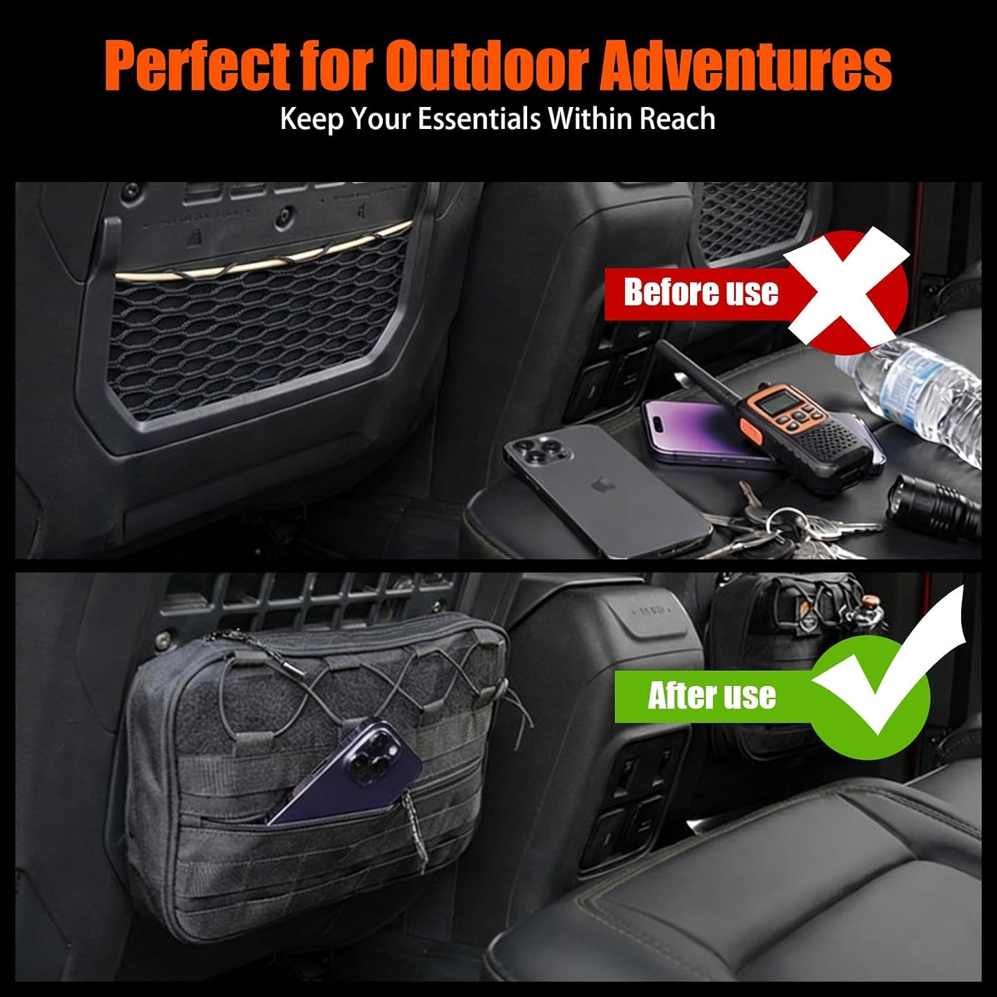 Car Storage Organizer Compatible with 2021-2025 Ford Bronco 2/4 Door, Heavy Duty Rattle-Free Backseat Tactical Seat Storage Bags, No-Drill 600D Oxford Anti-Clutter Gear-Black