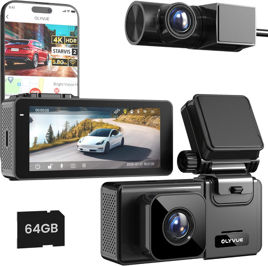 V77 Dash Cam Front and Back 4K+1080P for Cars, STARVIS 2 + STARVIS 2 Sensors Dash Cam Front and Rear Wireless, 64GB Card Included, 5.8G WiFi Fastest Download Speed