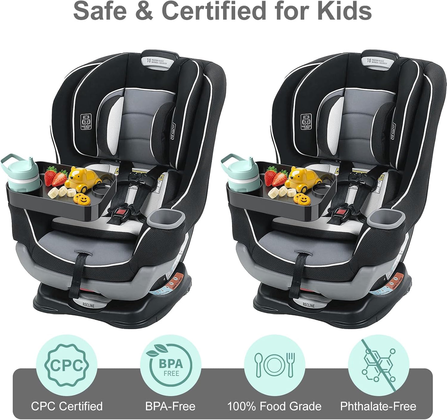 [2 Pack] Car Seat Snack Tray for Toddlers - 3 Inch Cup Holder Fits Most Sippy Cups & Straw Bottles with Dip Well, Mess-Free Square Kids Travel Tray Road Trip Essentials, Black, 2