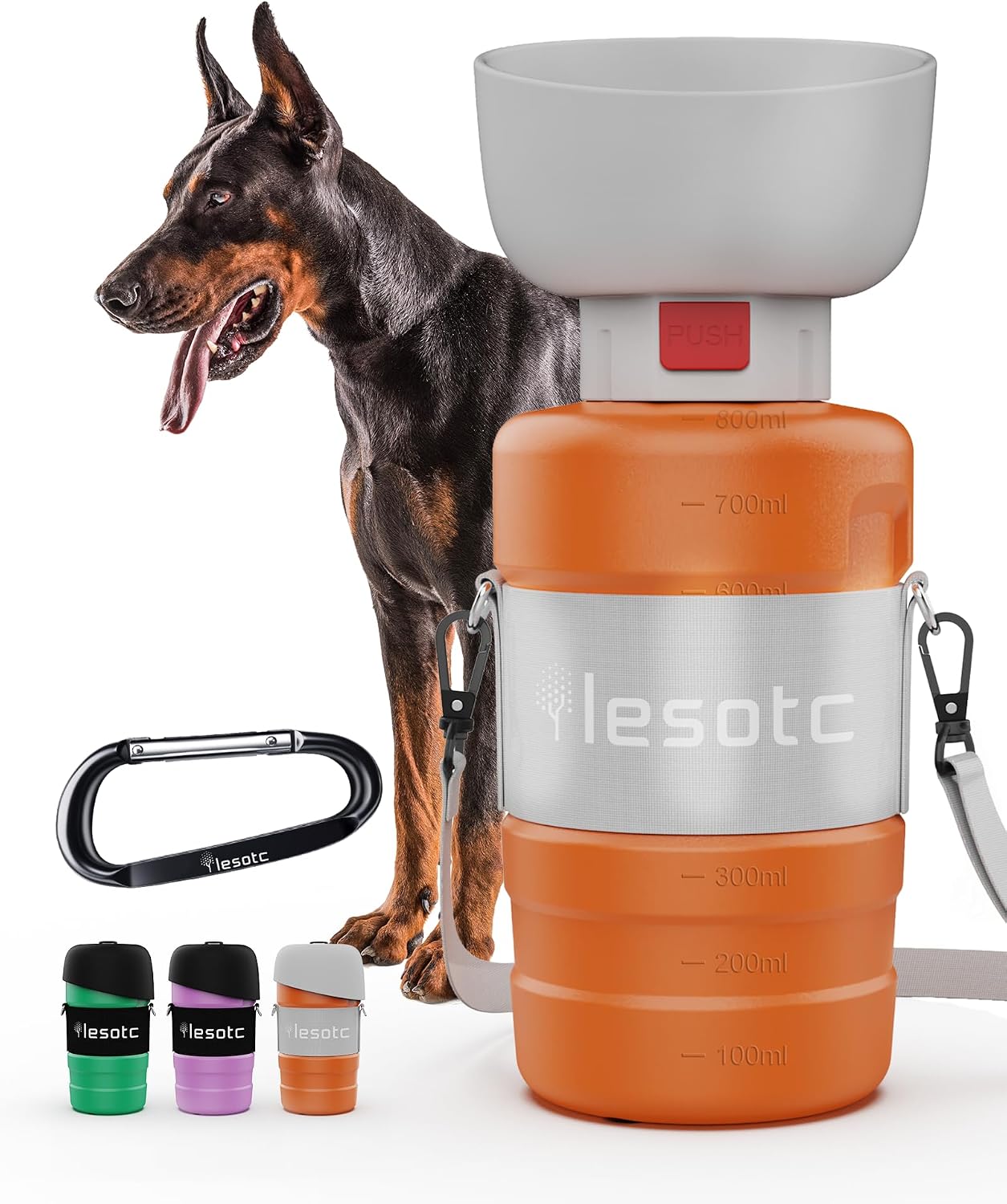 lesotc Dog Water Bottle Portable, 28oz Portable Dog Water Bottle with Bowl, Leak Proof Travel Bowl Dispenser for Dogs, One-Hand Squeeze Puppy Essentials for Walking, Hiking, Camping