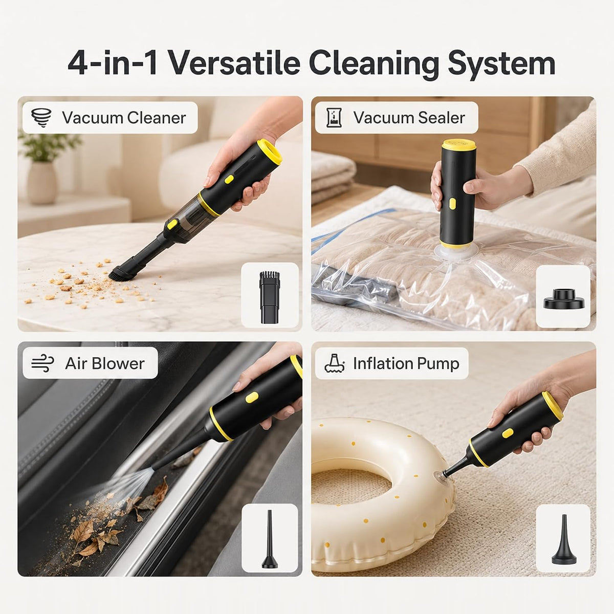 CROS Handheld Car Vacuum Portable Cordless 2 Suction Modes, 16000Pa 4-in-1 Mini Vacuum with Interchangeable Accessories for Car, Small Jobs, Keyboard and Office