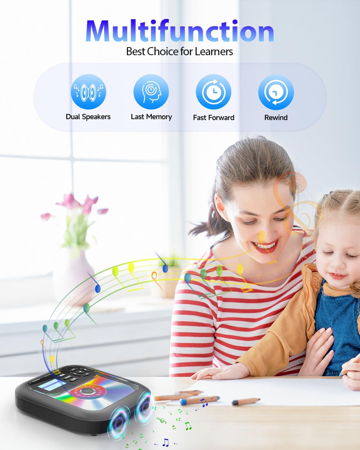 Bluetooth CD Player Portable with FM Transmitter and Dual Speakers