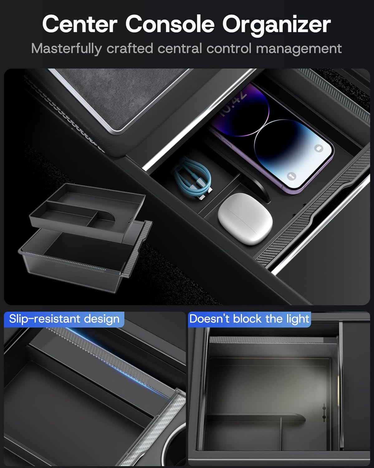 Center Console Organizer Tray for Tesla Model Y Juniper 2026 2025 (Premium &amp; Performance), 8PCS - PC Material &amp; Silent Silicone Armrest Storage Box Bottom Liners Wireless Charging Pad Cup Holder
