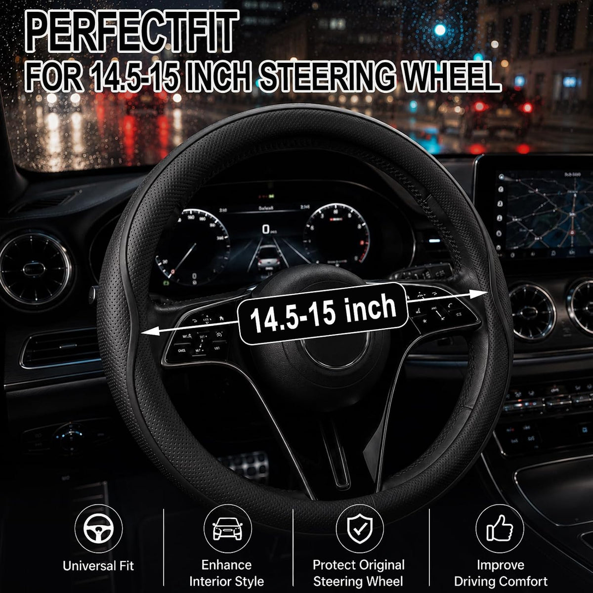 Car Steering Wheel Cover Full Surround - Soft Breathable Anti-Slip Heavyweight Safety Cover, Thick Cushioned Sports Style Universal Fit for Auto Truck SUV (Black)