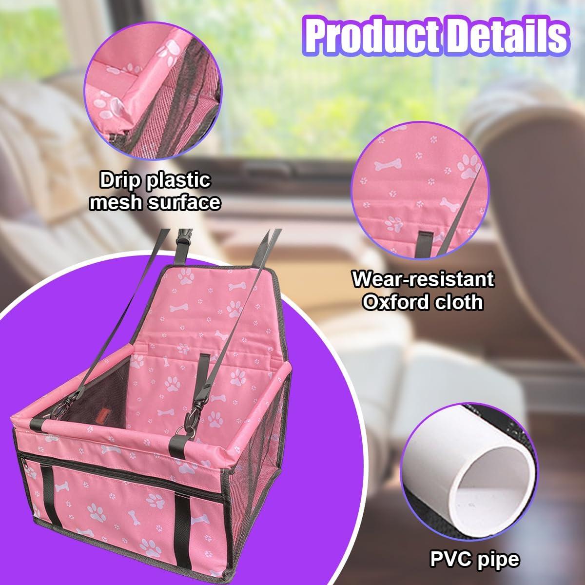 Pet Car Seat, Breathable & Waterproof Oxford Dog Car Booster Seats with Seat Belt and Mesh Window, Portable Foldable Travel Look Out Bag for Small Medium Dogs & Cats (Pink, 1PC)