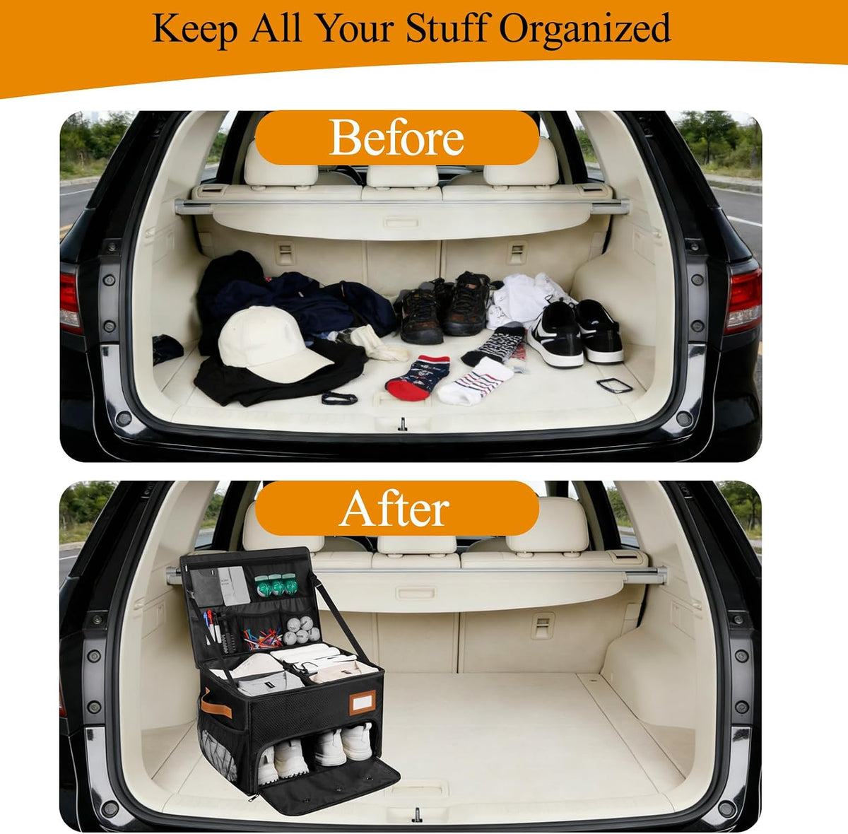 2 Layer Golf Trunk Organizer, Golf Organizer with 2 Pairs Shoes Compartment, Golf Storage Waterproof Car Trunk Locker for Balls, Caps, Clothes, Gloves, Accessories, Gifts for Golfers