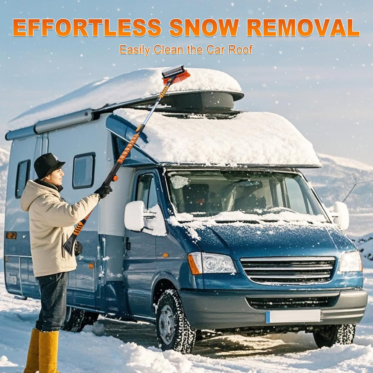 62.4" Foldable Snow Brush and Ice Scrapers for Car Windshield, Adjustable & Extendable Ice Removal Tool with Non-Slip Foam Grip, 180° Pivoting Snow Brush for Car, SUV, Truck