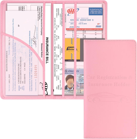 Cacturism Car Registration and Insurance Holder, Car Accessories Vehicle Glove Box Car Organizer Women Car Accessories with Magnetic Shut for Cards, Essential Document, Driver License, Pink