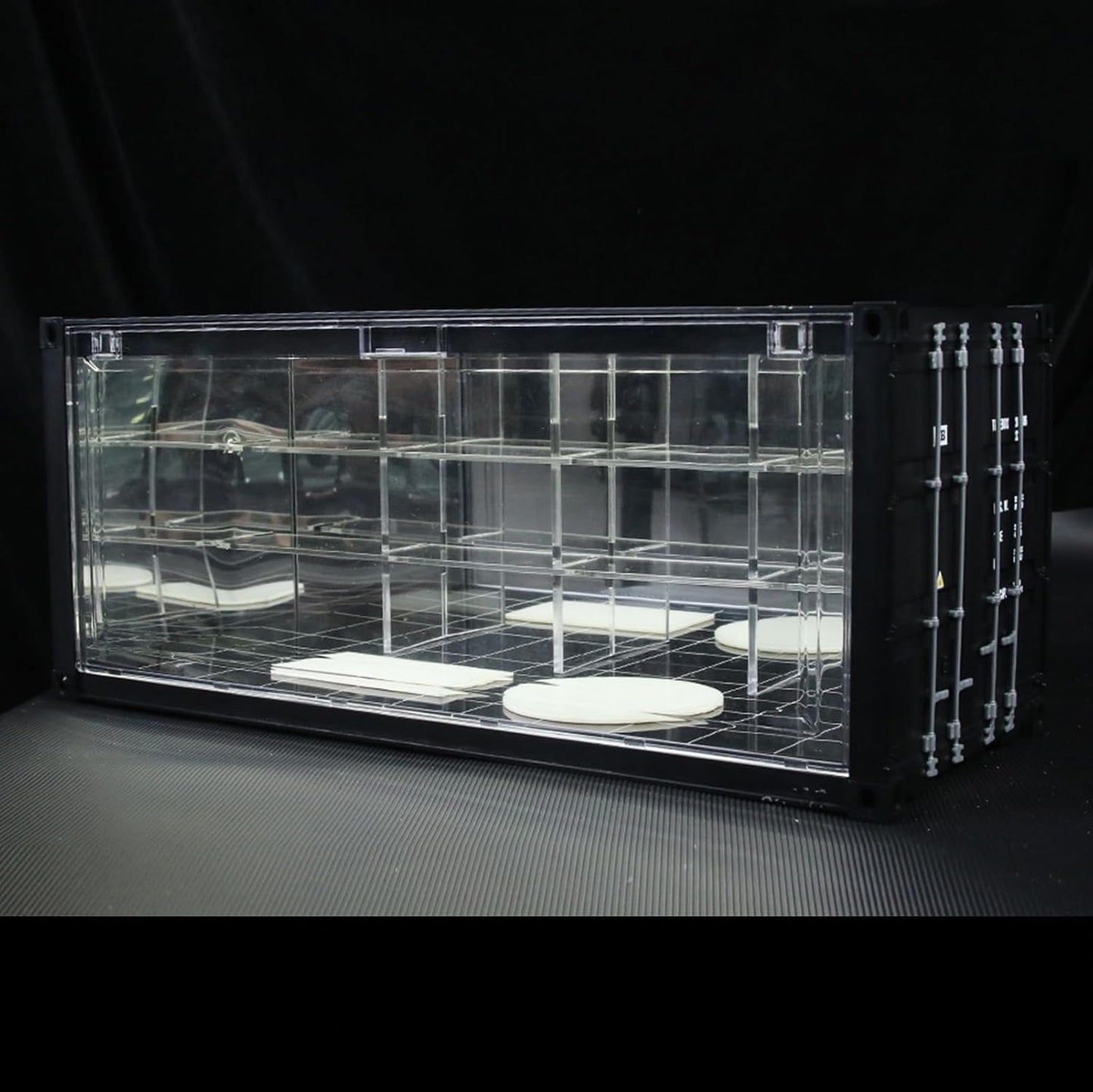 1/64 Scale Display Case with LED Light–Container Box Style Garage Diorama | Compatible with Hot Wheels Matchbox Mini GT Diecast Cars and Storage Stackable, for Model Car and Figures Display