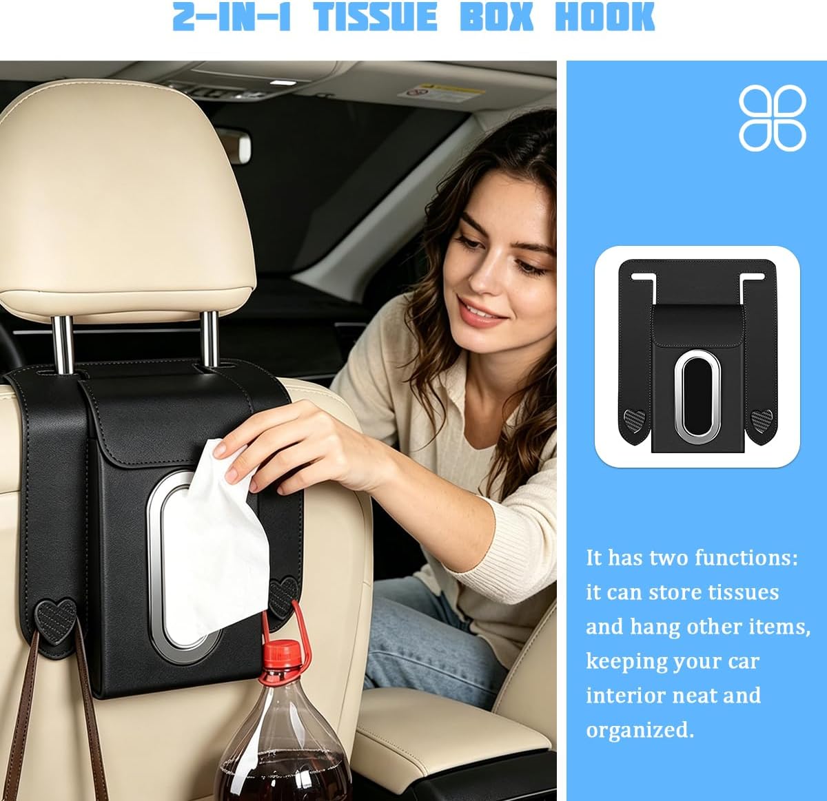 Car Tissue Holder, Multifunctional Vehicle Seat Back Hanging Tissue Box with Storage Hook, Automotive Interior Backseat Napkin Organizer, Universal for SUV Automobile Truck (Black)