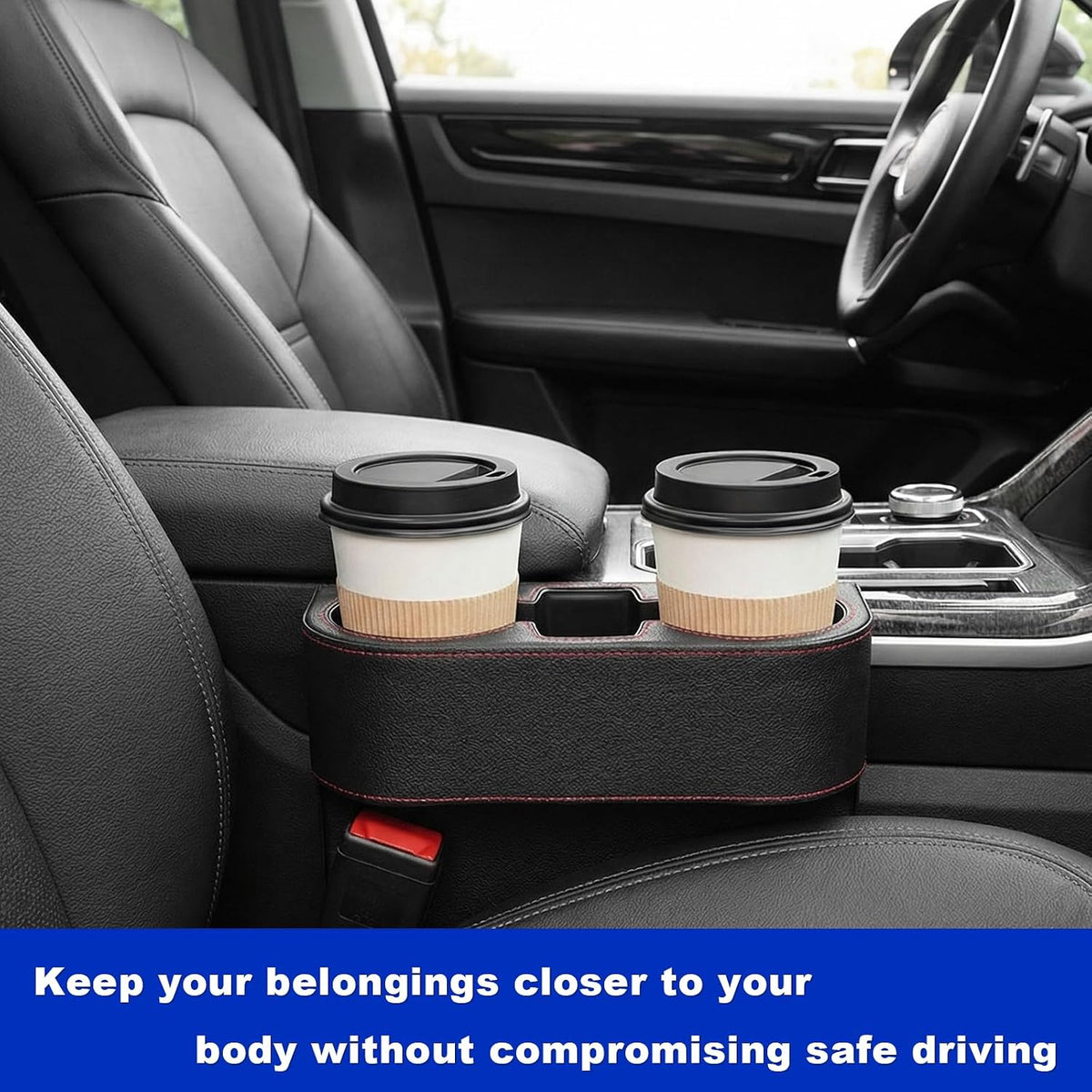 Car Seat Gap Filler Organizer, Leather Auto Front Seat Storage Organizer with Cup Holder, Multifunctional Cup Drink Holder Side Extra Coin Bucket for Cars Trucks SUVs (Black)