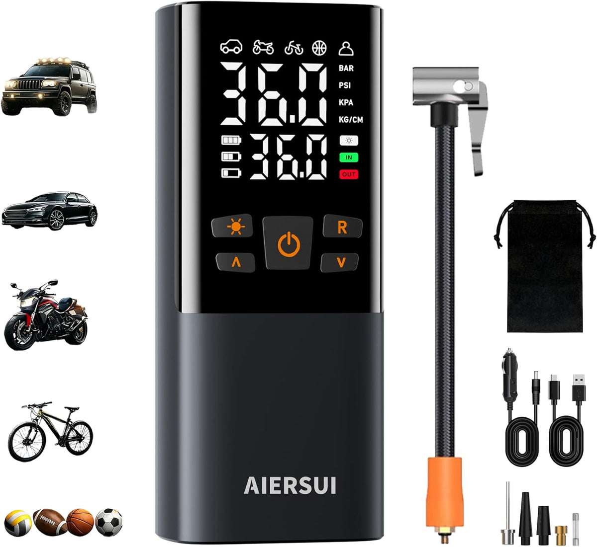 Tire Inflator Portable Air Compressor, Cordless 5-in-1 Smart Pump for Sedan/Motorcycle/Bike, 150PSI Auto-Stop, 6000mAh Power Bank, Lightweight with Digital Display, AS805