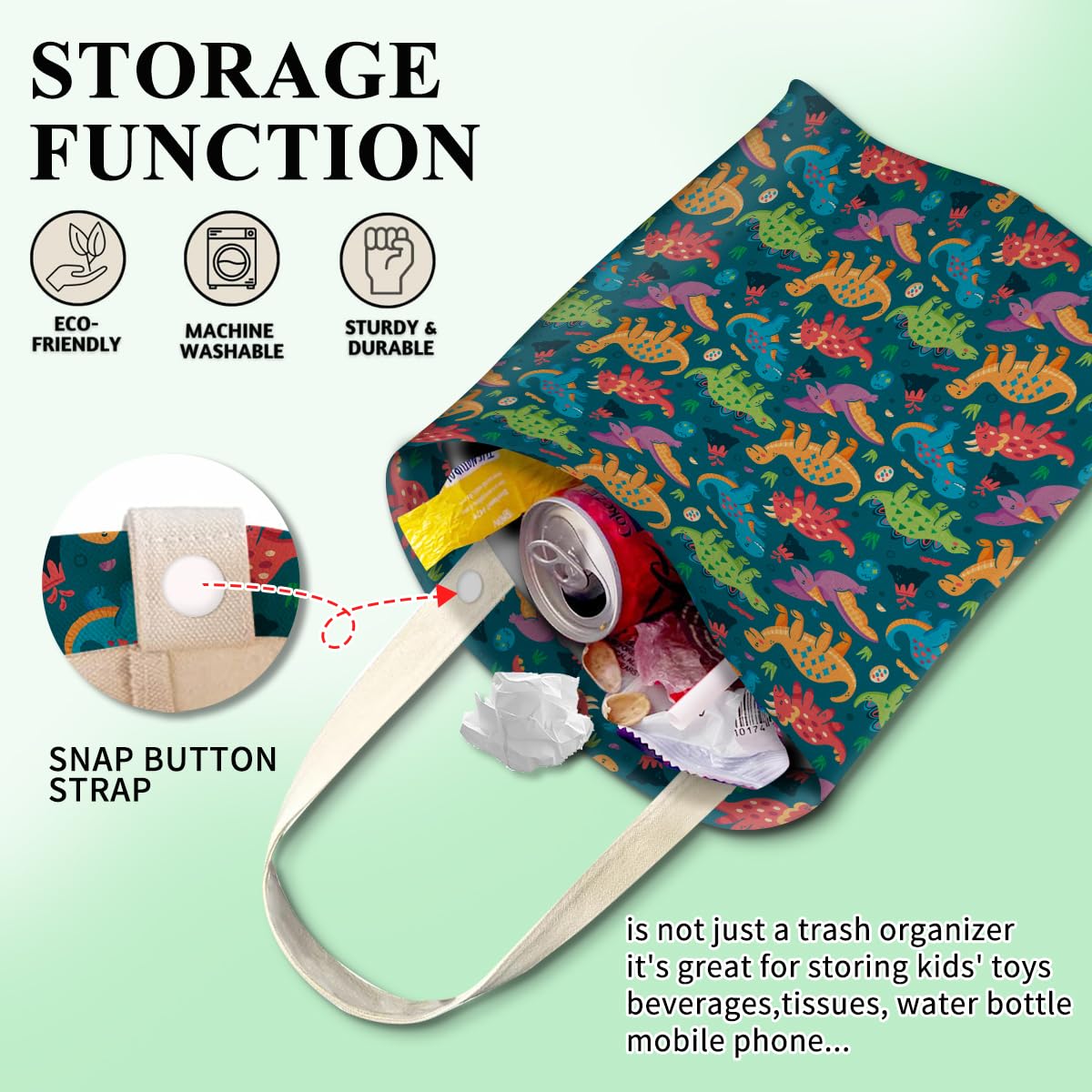 Car Trash Can, Cute Car Trash Bag, Hanging Car Organizer and Storage Bag, Trash Bin for Car Accessories, Vehicle, Travelling, Camping Colorful Dinosaur Volcano