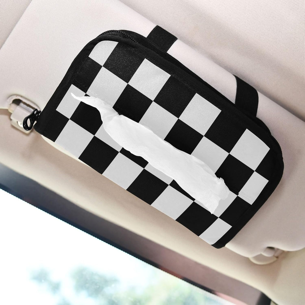 Car Tissue Holder Napkin Box Dispenser Storage Case Sun Visor Mask Holder With Adjustable Straps Reusable Refillable Checkered Black and White