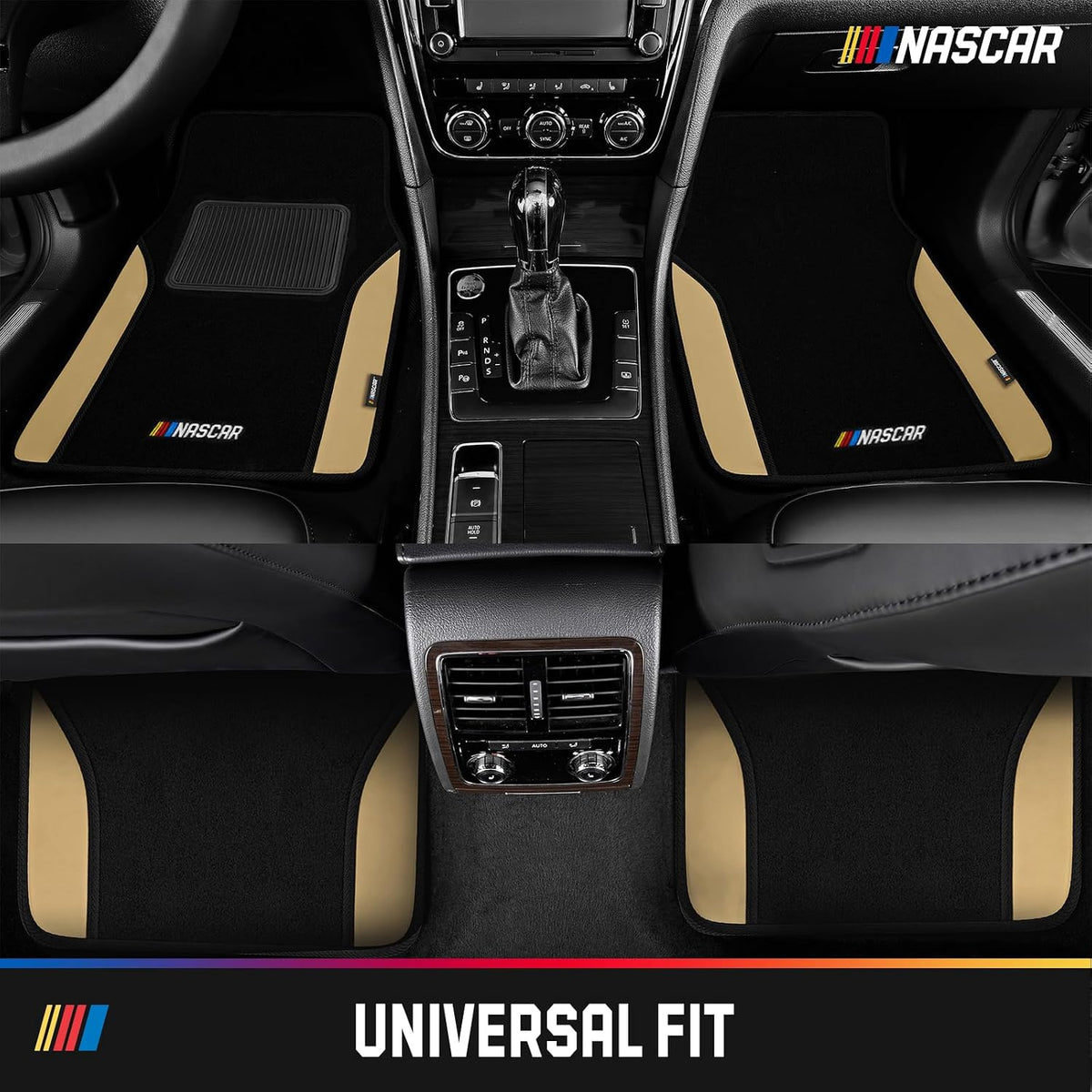 NASCAR Car Floor Mats, Carpet & Beige Leather Design Car Mats, Universal-Fit All-Weather Car Floor Mats with Built-in Heel Pad & Anti-Slip Backing, Durable Odorless Automotive Interior Accessories