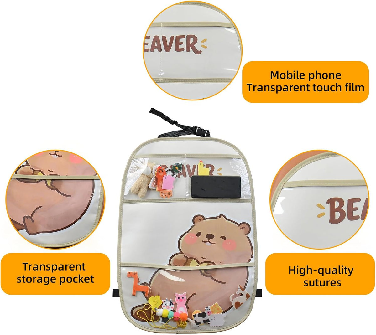 kids Leather Car Backseat Organizer with Foldable Table Tray, Car Storage Organizer with Tablet Holder, Car Seat Back Protectors Kick Mats, Travel Accessories (Beaver)