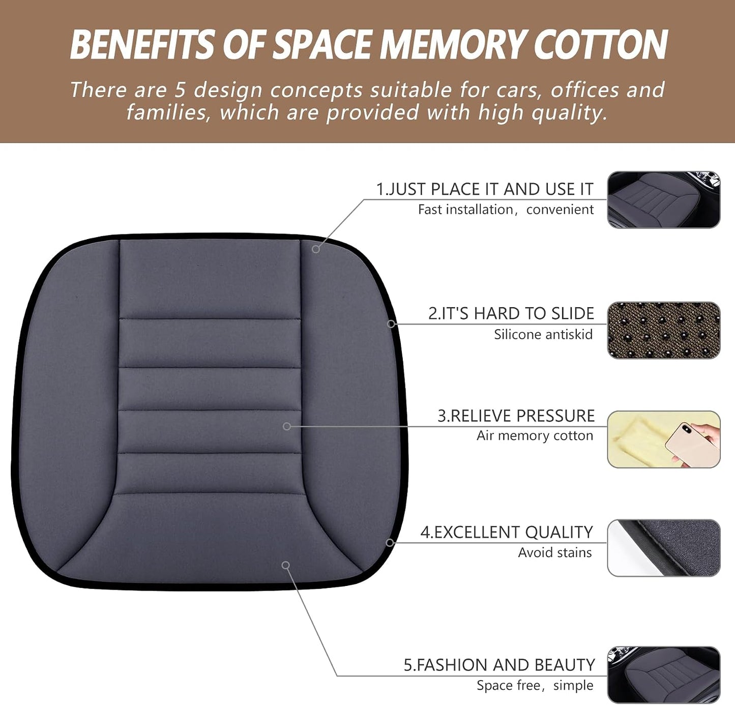 MYFAMIREA Car Seat Cushion Pad 1.2" Thick Comfort Seat Protector for Car Driver Seat Office Chair Home Use Memory Foam Seat Cushion with Non Slip Bottom, 20'' x 18.5'', Dark Gray