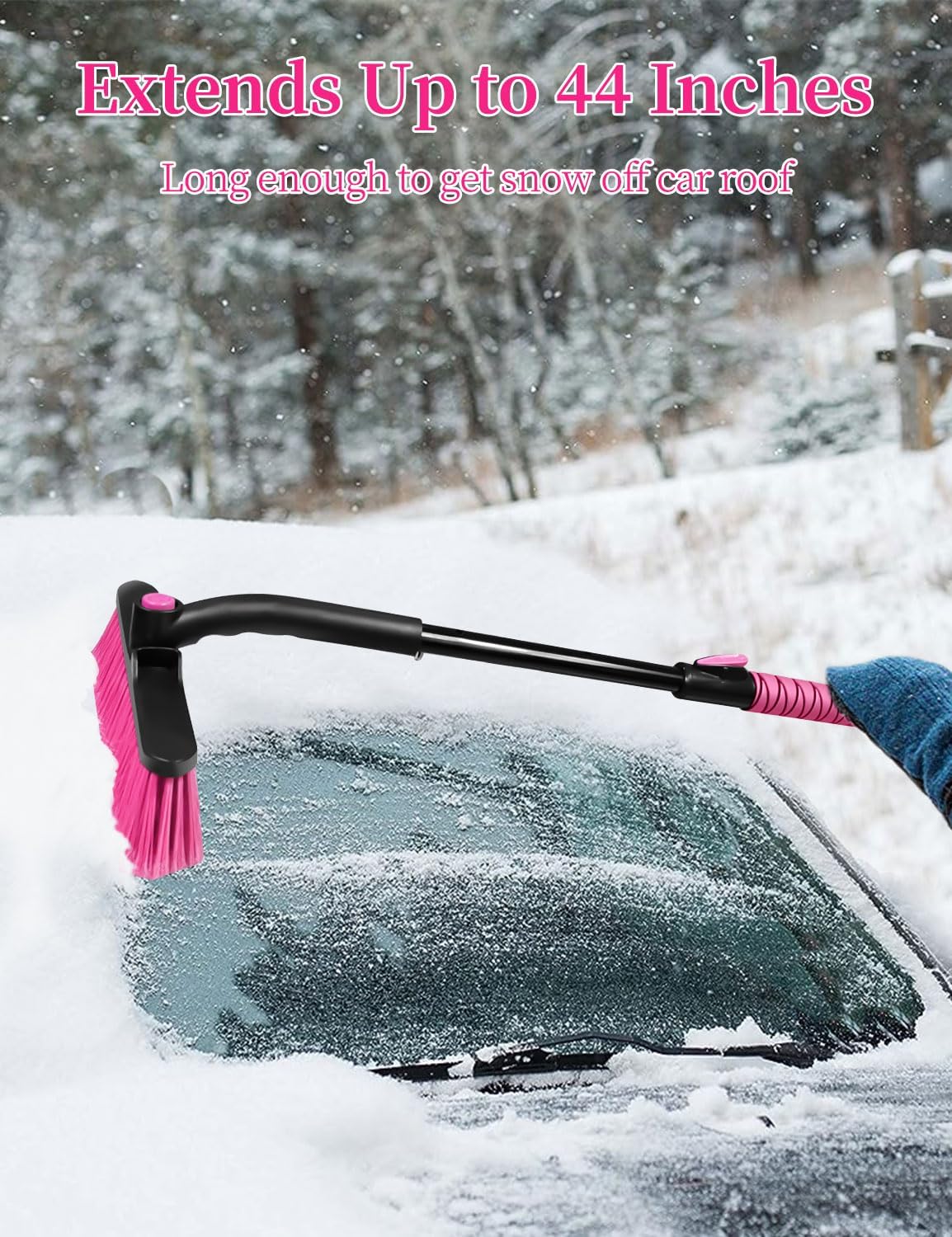 HEEYA 44 Inch Snow Brush for SUV, Ice Scraper for Car Windshield Window, Extendable Snow Scraper and Brush with Comfortable Foam Grip for Truck Vehicle Automobile - Pink
