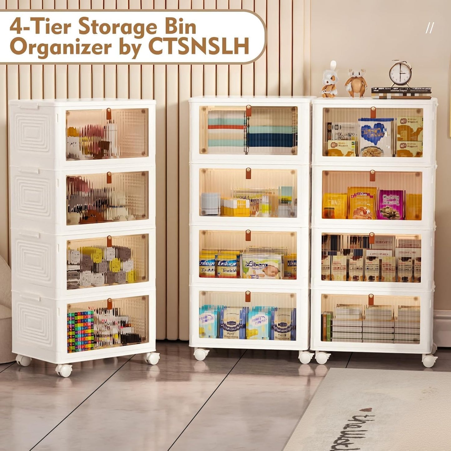 CTSNSLH 4 Tier Plastic Storage Bins with Lid 23QT - Stackable Storage Bins with Wheels, Organizers and Storage, Plastic Storage Cabinet Organization and Storage for Living Room,Office,Dorm