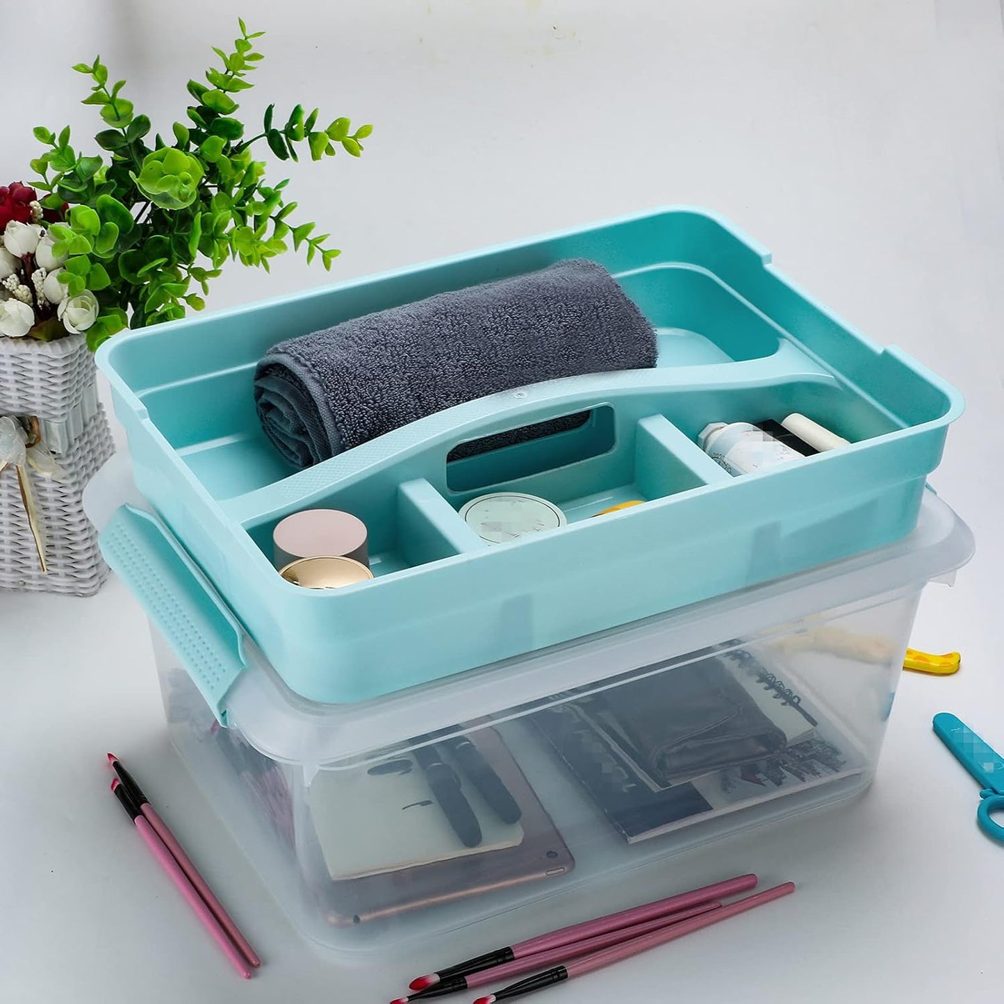 BTSKY Stack & Carry Box, Clear Plastic Storage Container Stackable Home Utility Box with Removable Tray Multi-Purpose Storage Bin for Organizing Stationery, Sewing, Art Craft Supplies(Blue)