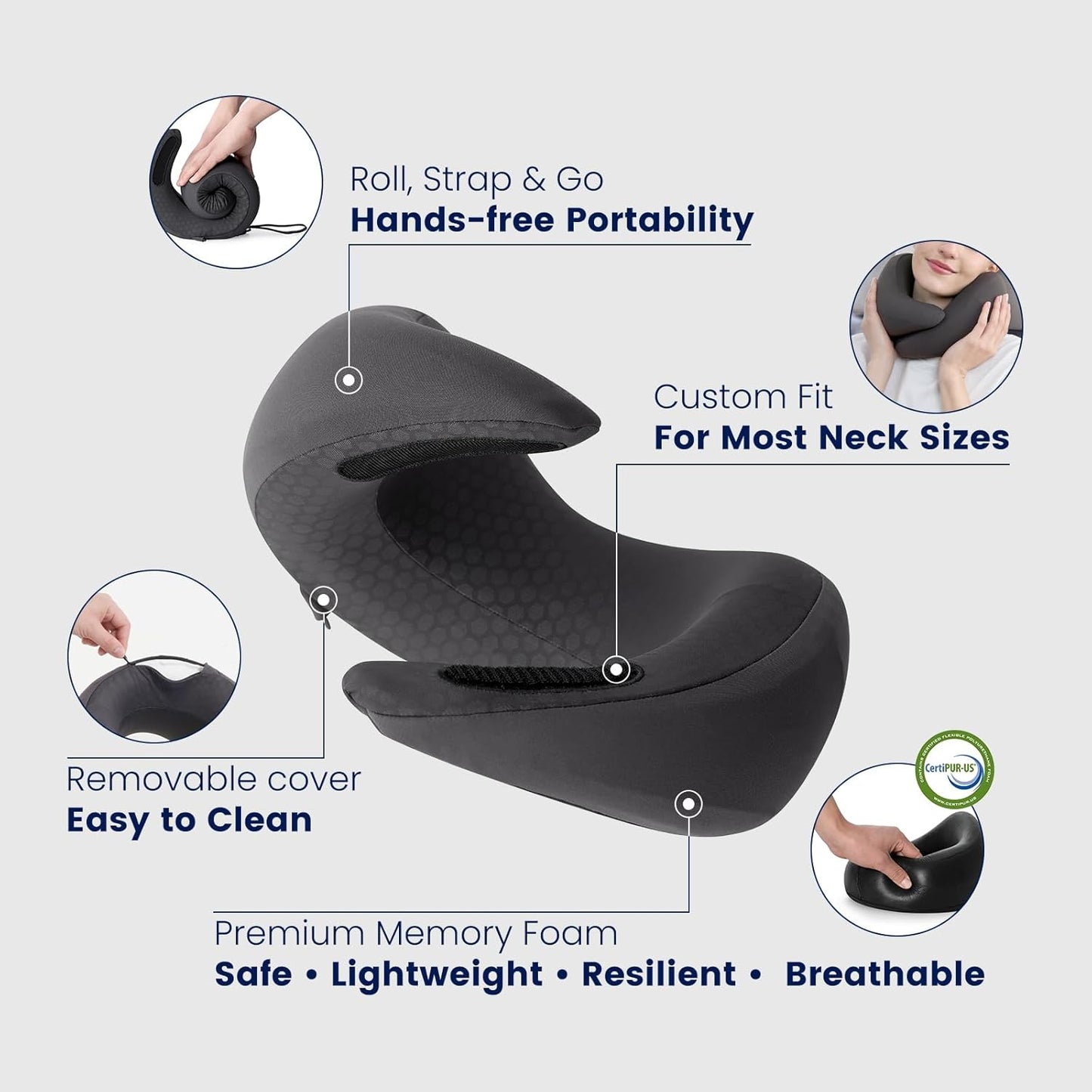 Dream Valley® Neck Travel Pillow, Memory Foam Travel Pillow for Airplane, Portable Roll-Up Neck Pillow with Cooling Inner Fabric, 360° Ergonomic Support, No Head Bobbing, Charcoal Gray