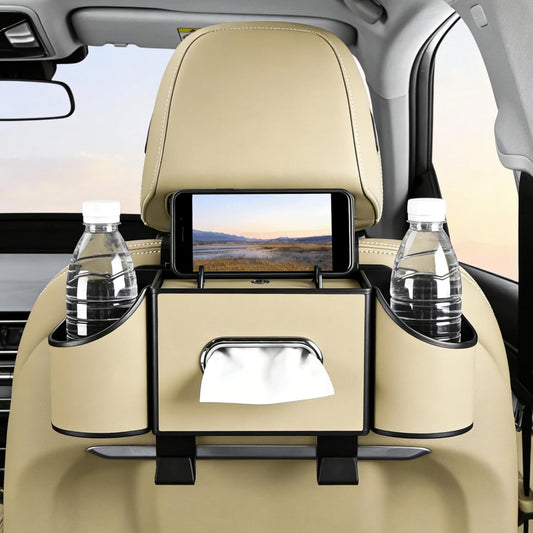 Back Seat Car Organizer, Nappa Leather Car Seat Organizer with Cup Holders and Tissue Box, Premium Hanging Storage Bag for SUV Truck Road Trip (Beige)