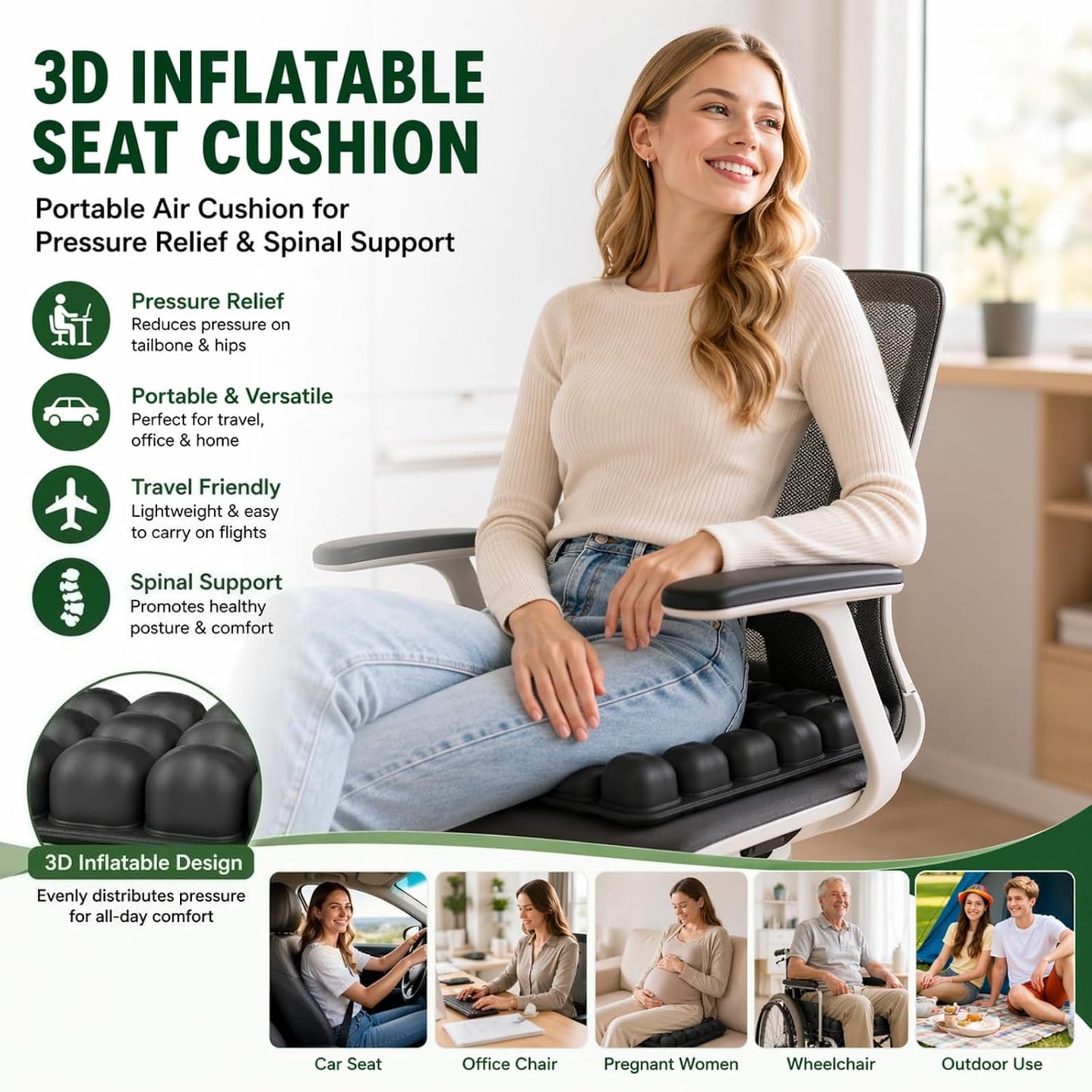Inflatable Travel Seat Cushion for Airplane, Press-to-Inflate Air Cell Cushion, Portable & Foldable for Long Sitting, Car, Office, Wheelchair (30-Cell Air Cushion (Hollow Center))