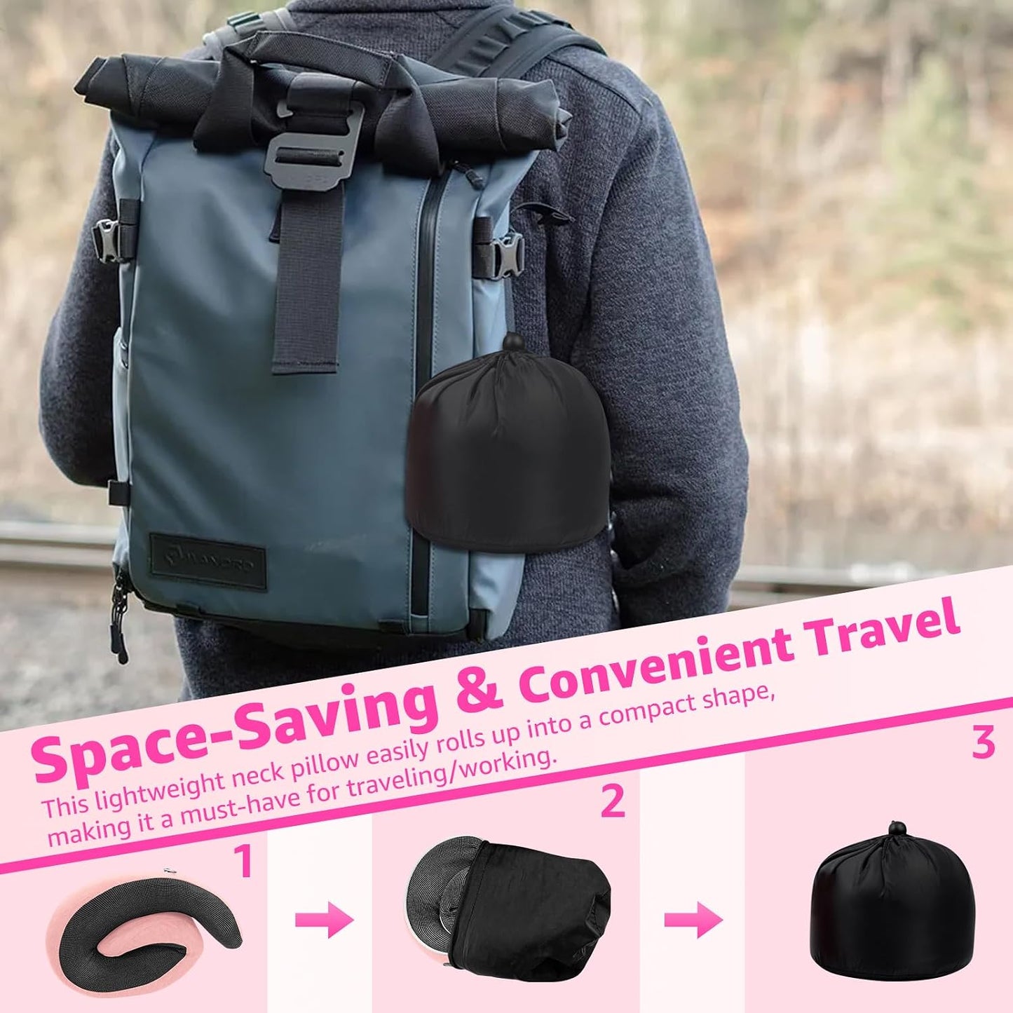 Travel Pillows for Airplanes Ergonomic Memory Foam Neck Pillow for Travel - 360° Head & Neck Support for Sleeping on Flights, Cars, Trains & Office (Pink-2)