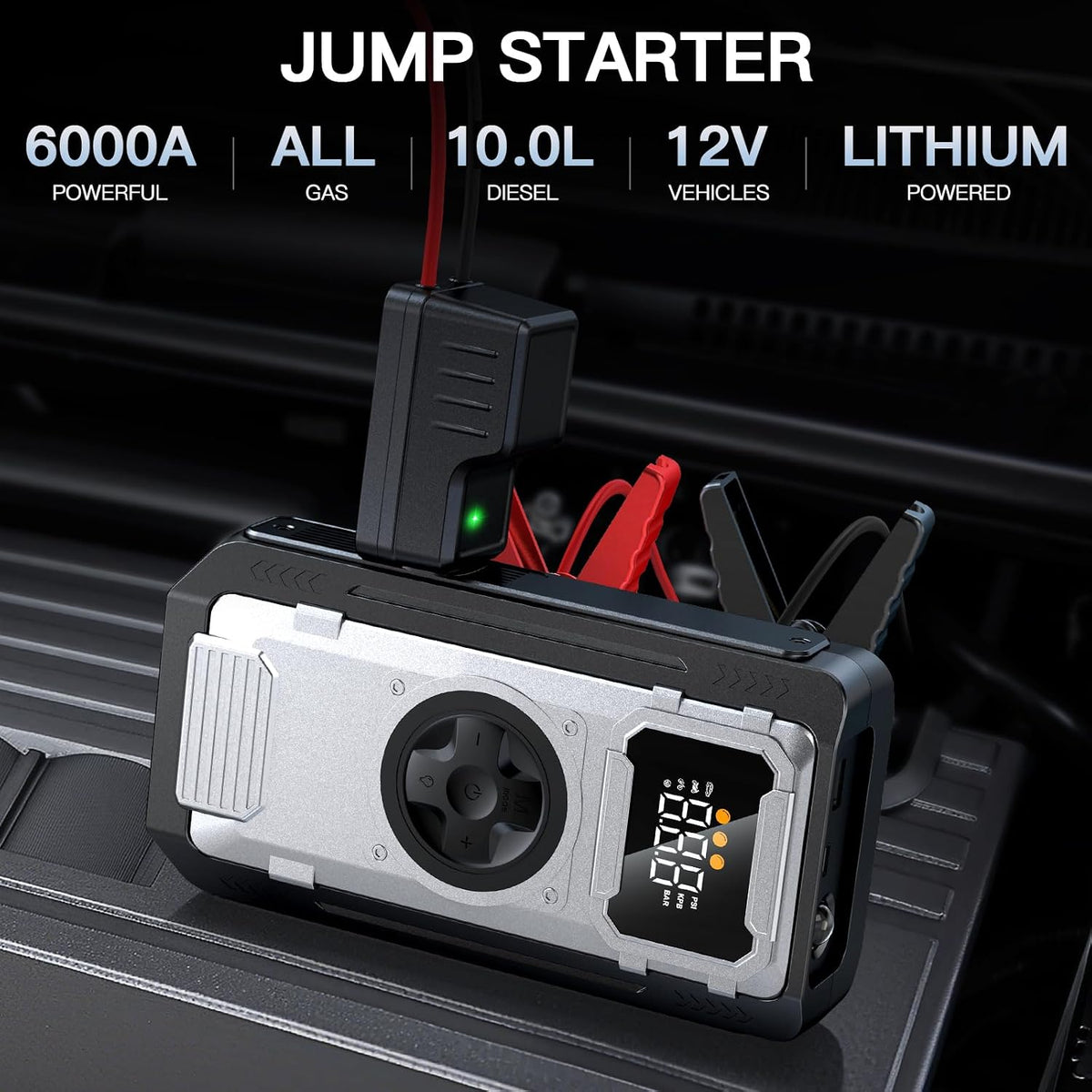 6000A Jump Starter with Air Compressor,12V Lithium Battery Booster Pack